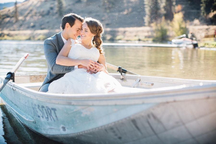 Bride and Groom in Ponderosa Point Row Boat