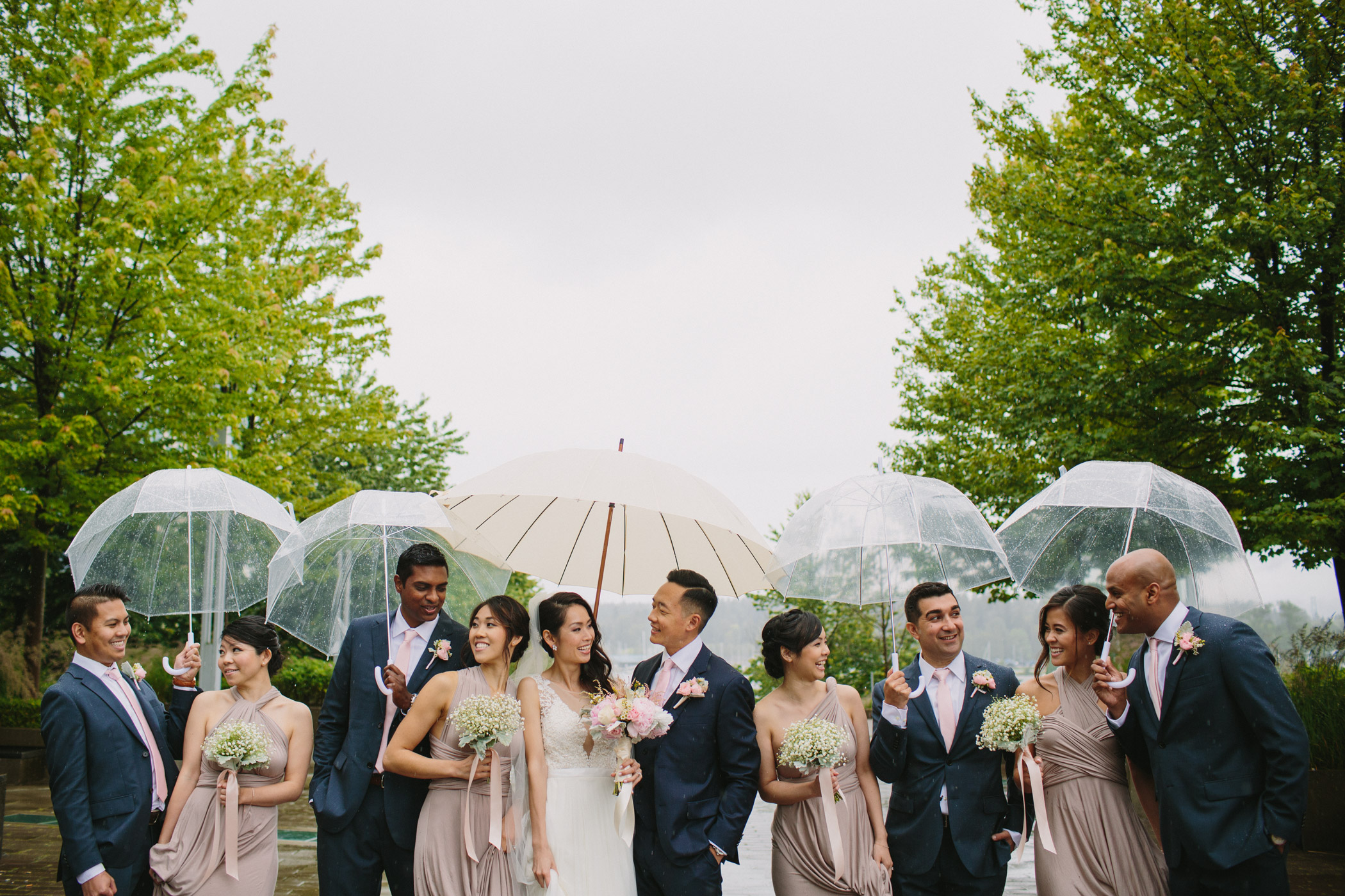 Vancouver Rainy Wedding Party with Umbrellas