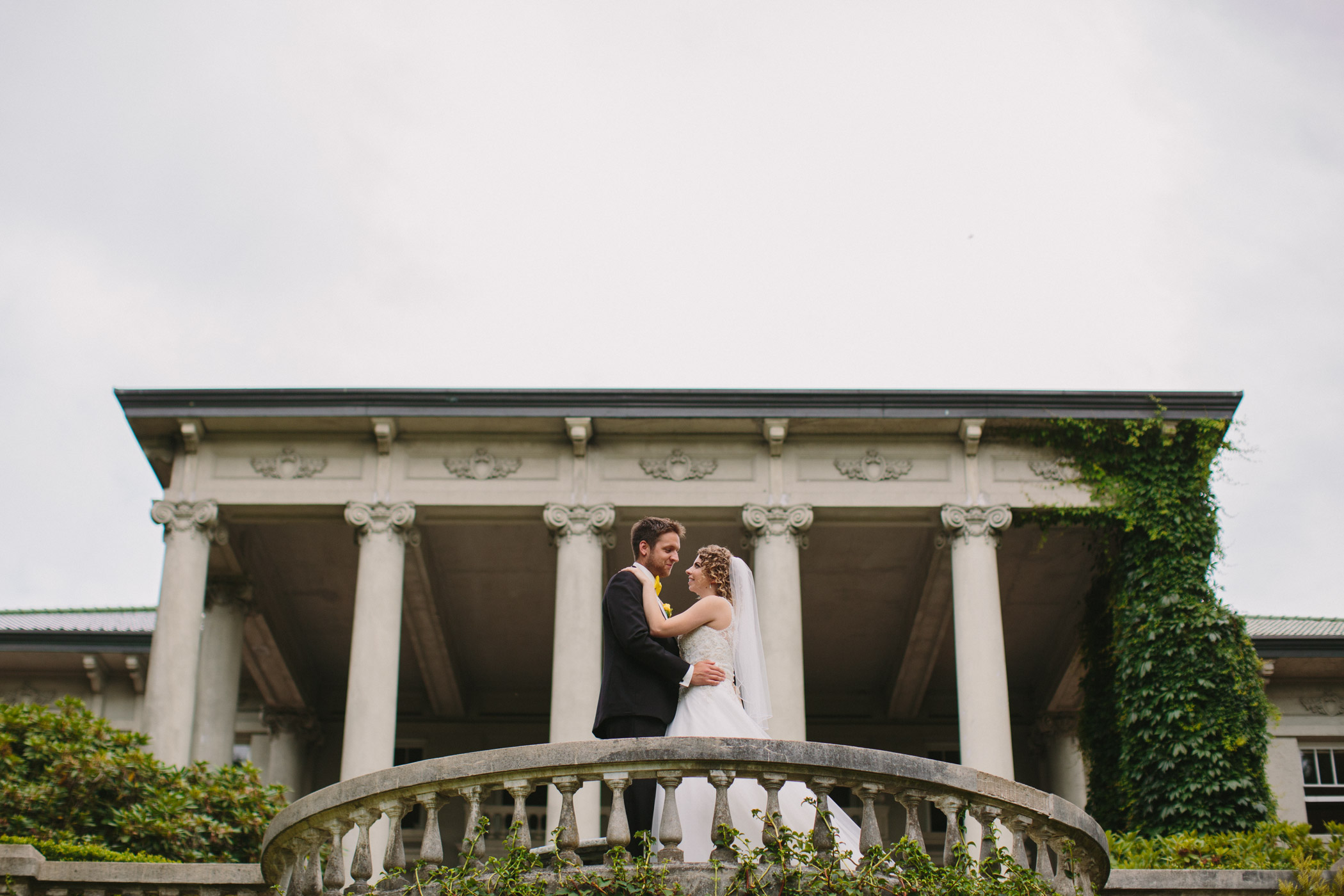 Bride and Groom on Juliet Balcony at Hycroft Manor