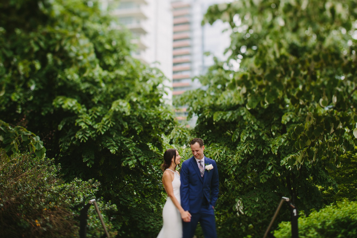 Tilt shift portrait of wedding couple in Coal Harbour