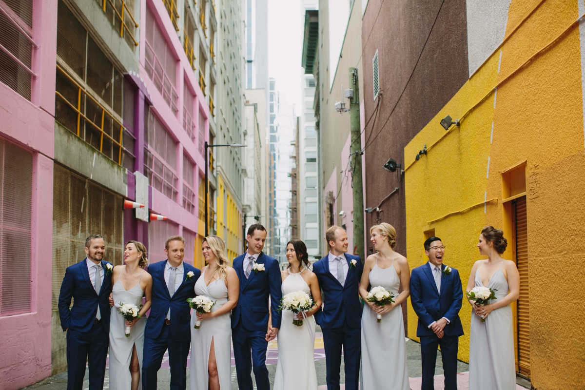 Wedding Party posing in Alley-oop