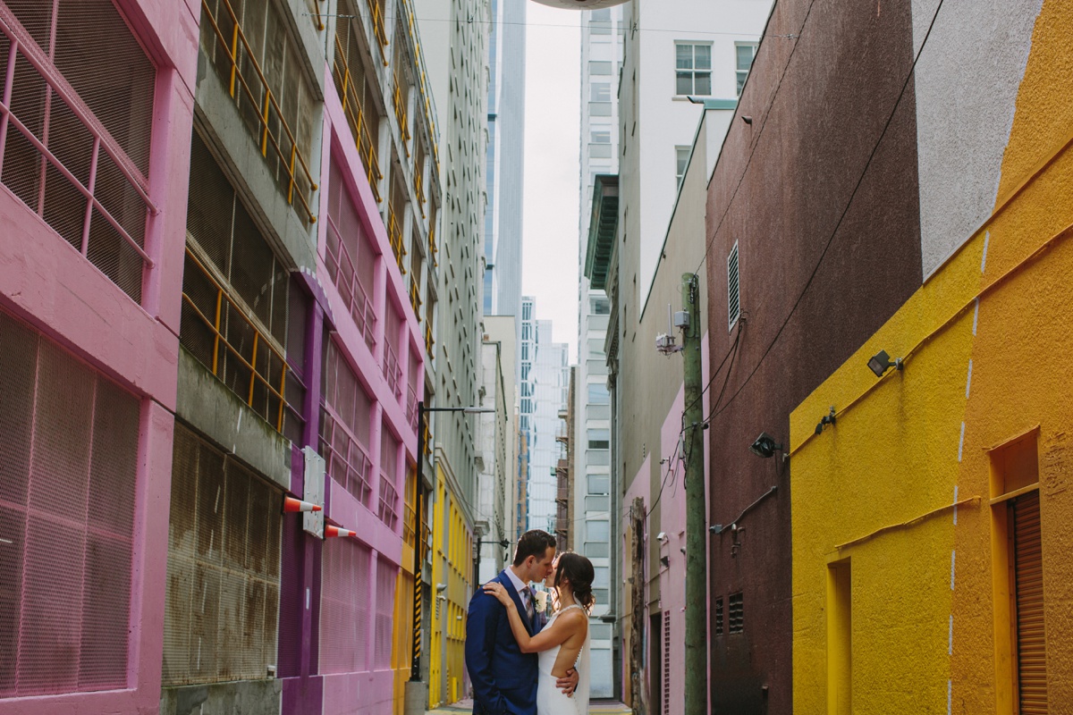 Wedding portraits in alley-oop in Vancouver