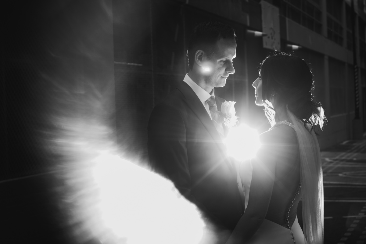 Bride and groom with flare