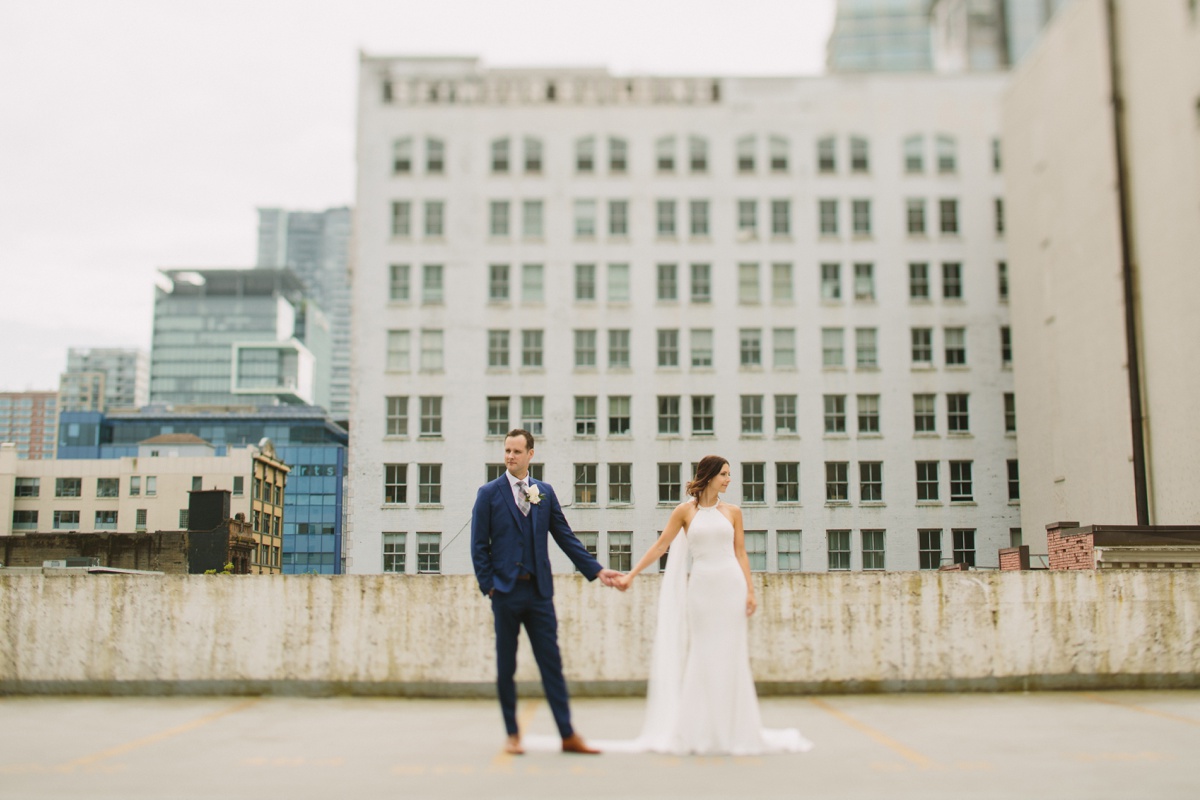 Tilt shift urband Vancouver bride and groom portrait