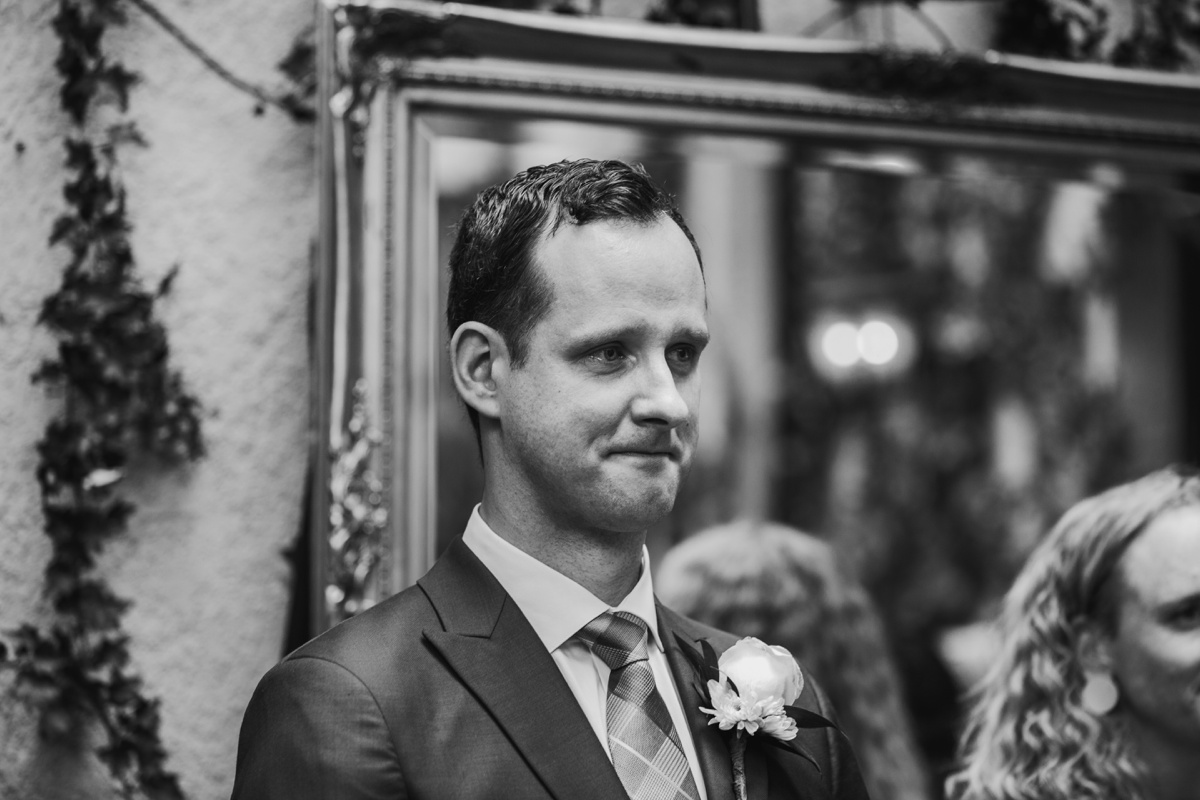 Grooms reaction during Brix & Mortar wedding ceremony