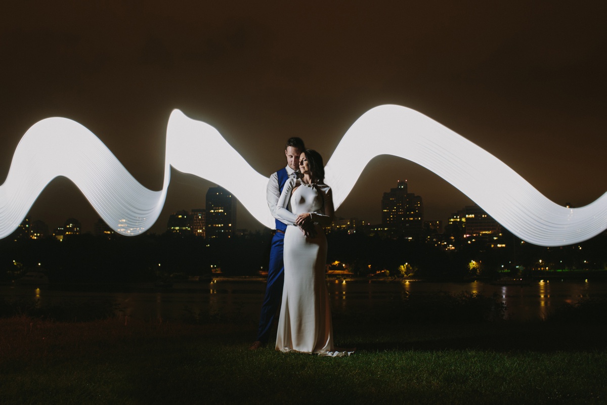 Vancouver bride and groom night portrait in David Lam Park